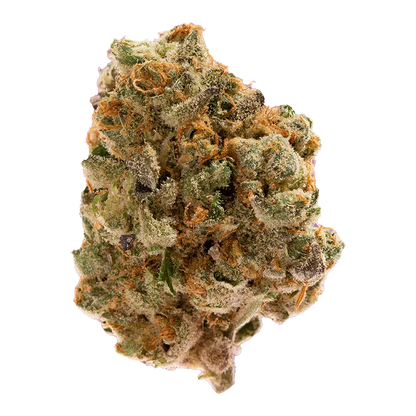 Close-up top-down view of a frosty, green-and-orange bud labeled Sky Burst Haze, showing dense trichomes and curled pistils.