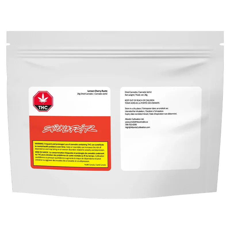Front-facing shot of a white resealable pouch labeled "Lemon Cherry Runtz" with a red Snicklefritz logo panel and warning box.