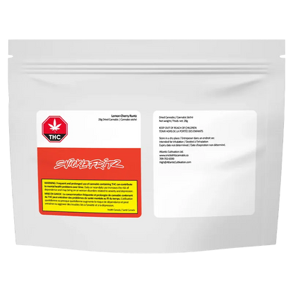 Front-facing shot of a white resealable pouch labeled "Lemon Cherry Runtz" with a red Snicklefritz logo panel and warning box.