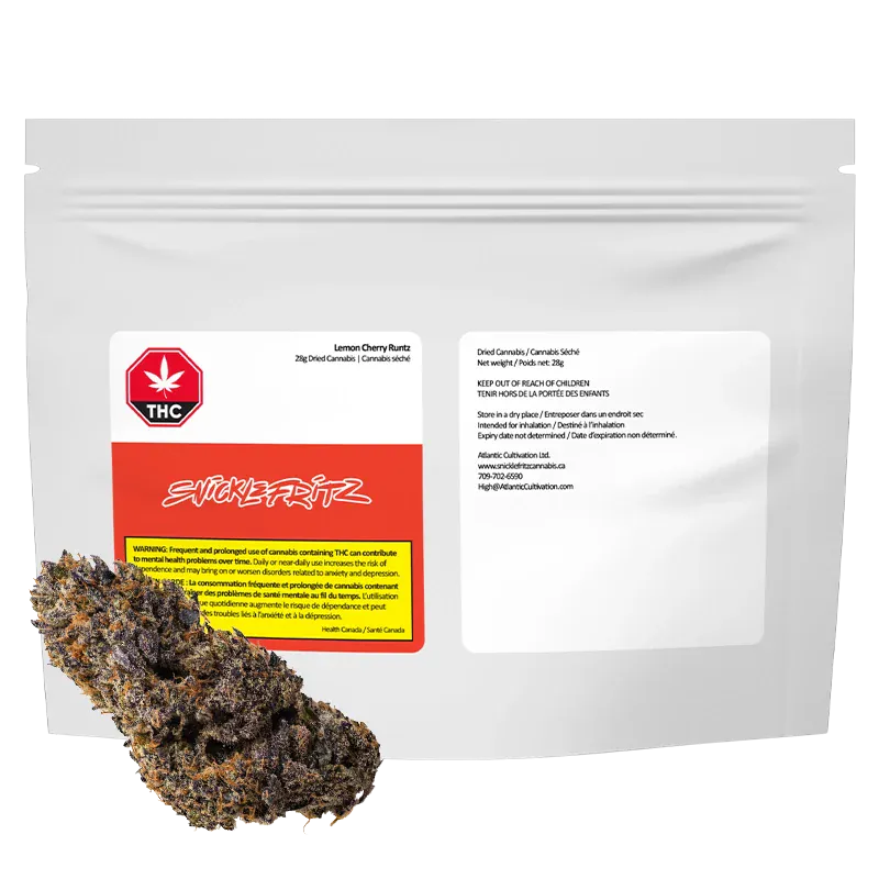White resealable pouch photographed front-on with a red label and a single dark purple bud at the lower left, Lemon Cherry Runtz.