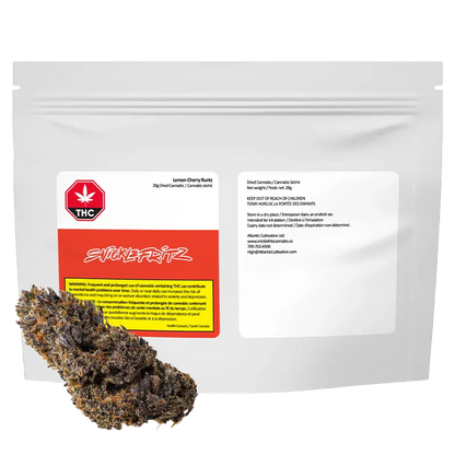White resealable pouch photographed front-on with a red label and a single dark purple bud at the lower left, Lemon Cherry Runtz.