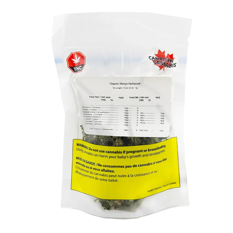 Front-facing shot of the Organic Mango Hashplant pouch with visible THC and Canadian Cannabis logos and a yellow warning label.