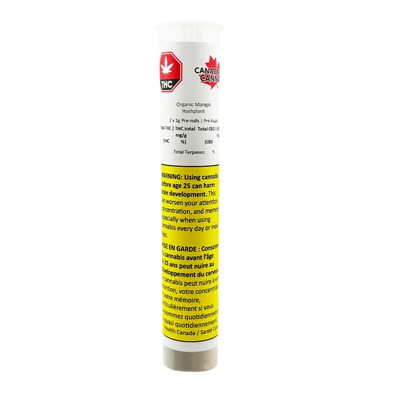 Tall front-facing tube labeled "Organic Mango Hashplant PR 2 x 1 g" with a red THC logo and a large yellow warning panel against a white background.
