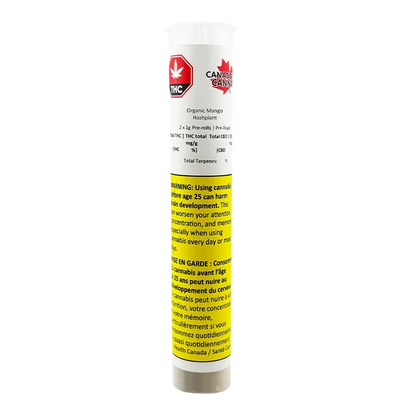 Tall front-facing tube labeled "Organic Mango Hashplant PR 2 x 1 g" with a red THC logo and a large yellow warning panel against a white background.