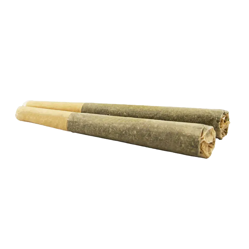 Angled close-up of two rolled Organic Mango Hashplant PR 2 x 1 g pre-rolls lying side by side on a white background