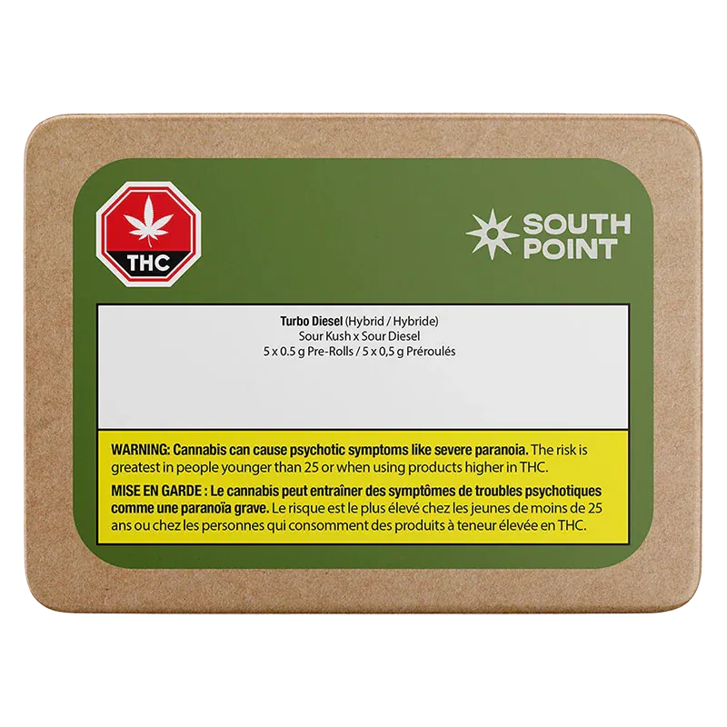 Top-down view of the South Point Turbo Diesel PR 5 x 0.5 g rectangular kraft box with green label, red THC icon and yellow warning panel.