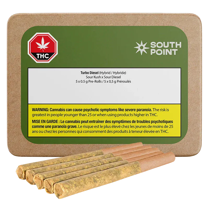 Top-down view of a South Point Turbo Diesel PR 5 x 0.5 g cardboard tin with five pre-rolls fanned in front.