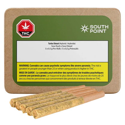 Top-down view of a South Point Turbo Diesel PR 5 x 0.5 g cardboard tin with five pre-rolls fanned in front.