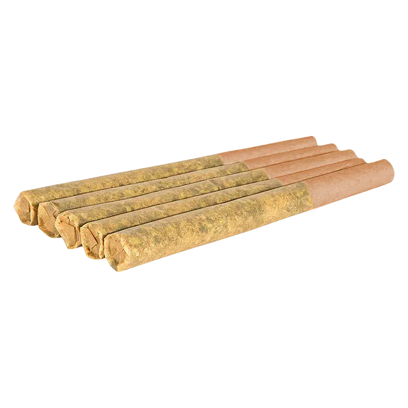 Angled close-up of five Turbo Diesel PR 5 x 0.5 g pre-rolls laid side-by-side on a white background.