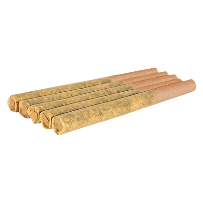 Angled close-up of five Turbo Diesel PR 5 x 0.5 g pre-rolls laid side-by-side on a white background.