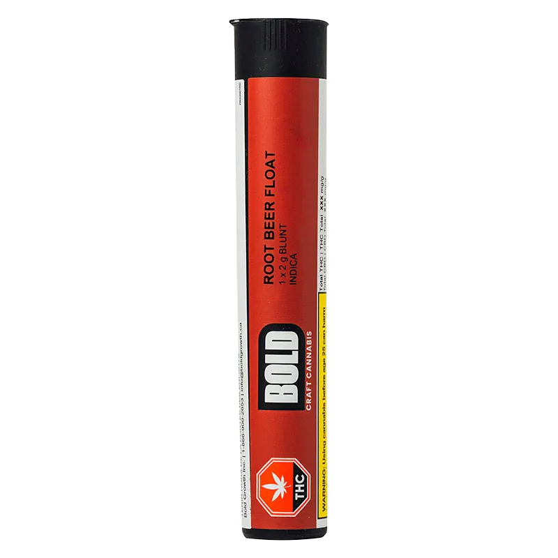 Tall front-facing tube labeled "Root Beer Float PR 1 x 2 g" from BOLD Craft Cannabis with red vertical panel and black cap on white background