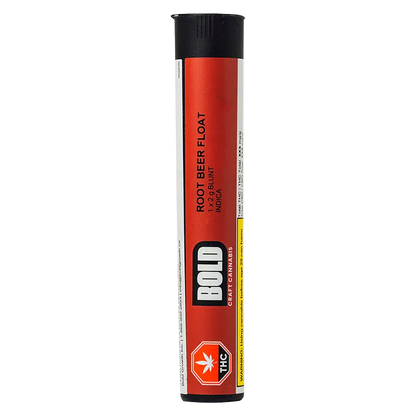 Tall front-facing tube labeled "Root Beer Float PR 1 x 2 g" from BOLD Craft Cannabis with red vertical panel and black cap on white background