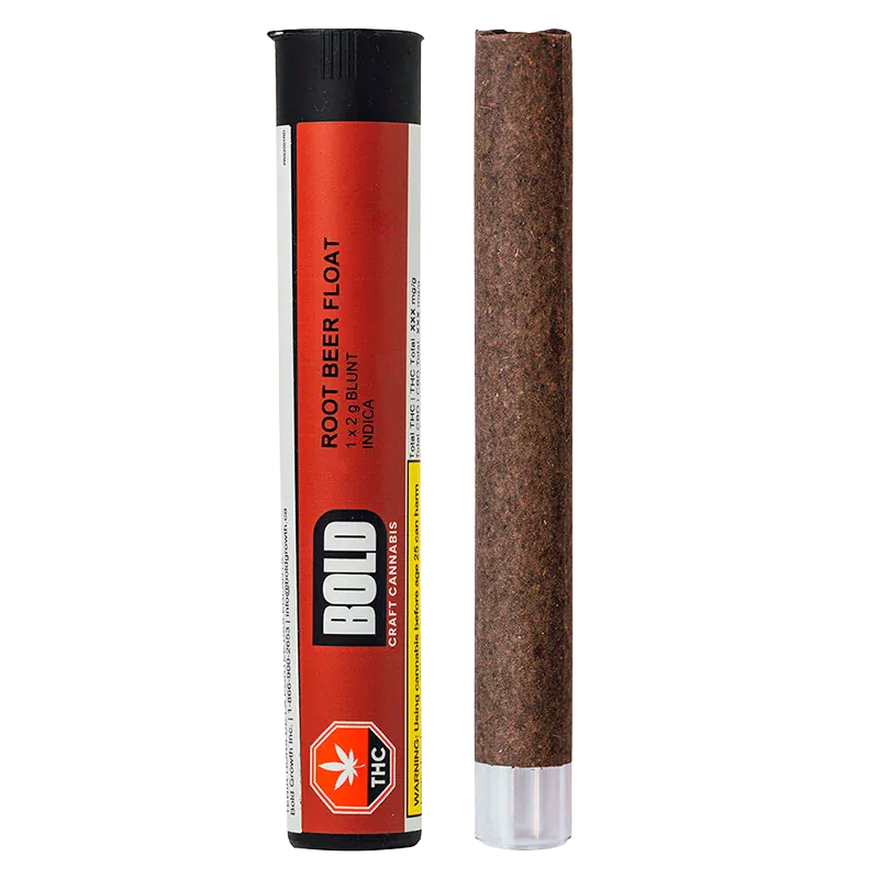 Side-by-side product shot of the Root Beer Float PR 1 x 2 g showing the red-and-black BOLD tube packaging next to the brown pre-rolled blunt.
