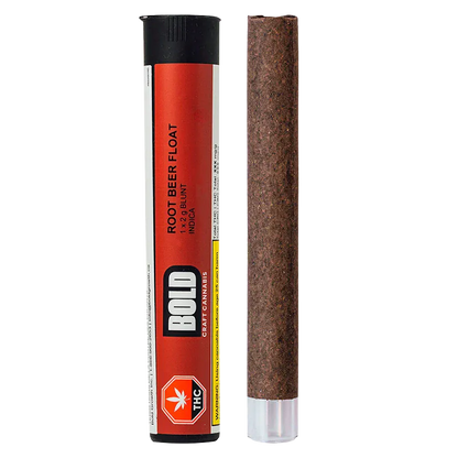 Side-by-side product shot of the Root Beer Float PR 1 x 2 g showing the red-and-black BOLD tube packaging next to the brown pre-rolled blunt.