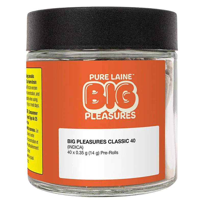 Front-facing jar shot of Big Pleasures Classic PR 40 x 0.35 g with an orange label, black lid, and white product info panel.