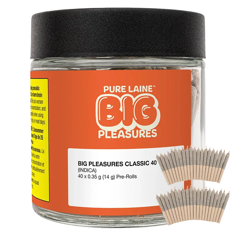 Close-up front view of the glass jar labeled "Big Pleasures Classic PR 40 x 0.35 g" with an orange label, black lid, and two fan arrangements of pre-rolls at the lower right.