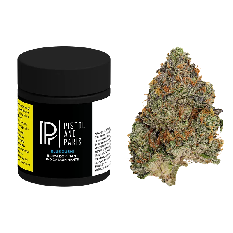 Right-side view of a dense bud next to a black jar labeled Pistol and Paris Blue Zushi on a white background.
