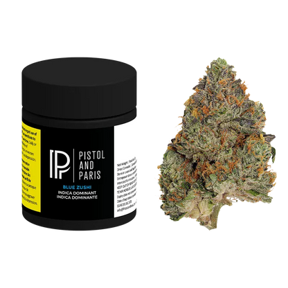 Right-side view of a dense bud next to a black jar labeled Pistol and Paris Blue Zushi on a white background.