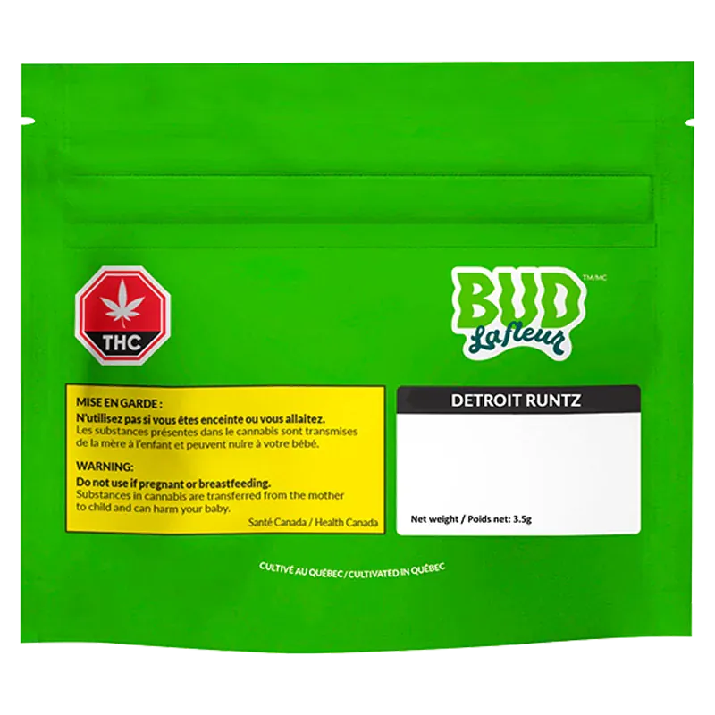 Front view of the bright green BUD La fleur Detroit Runtz pouch with warning panels, THC symbol, and a white product label.