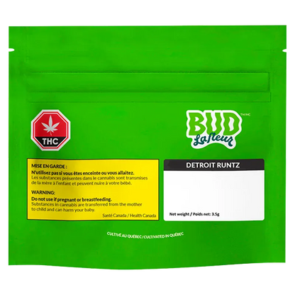 Front view of the bright green BUD La fleur Detroit Runtz pouch with warning panels, THC symbol, and a white product label.