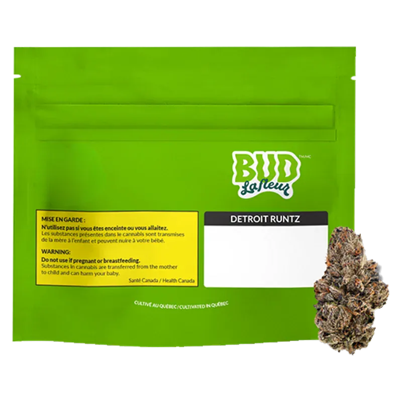 Flat front view of a bright green Bud LaFleur Detroit Runtz pouch with label panels and a cannabis bud at the lower right.