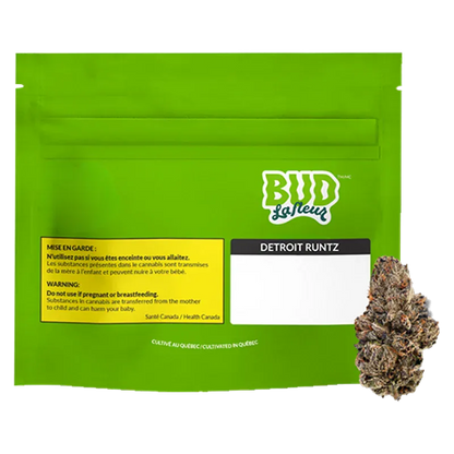 Flat front view of a bright green Bud LaFleur Detroit Runtz pouch with label panels and a cannabis bud at the lower right.