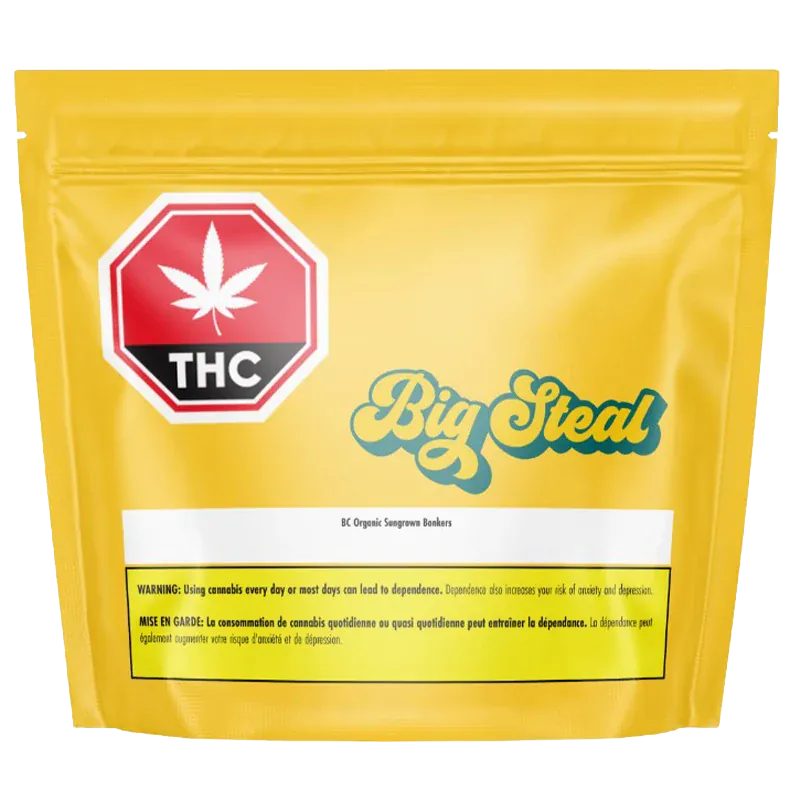 Front-facing yellow resealable pouch labeled "BC Organic Sun Grown Bonkers" with a teal "Big Steal" logo and a red THC stop-sign icon.