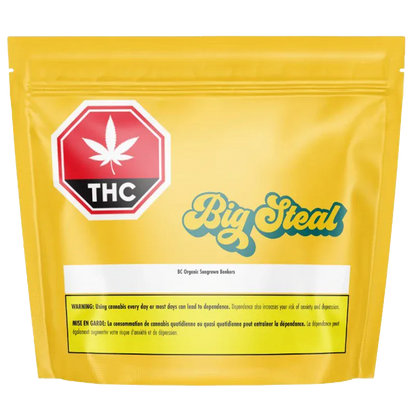 Front-facing yellow resealable pouch labeled "BC Organic Sun Grown Bonkers" with a teal "Big Steal" logo and a red THC stop-sign icon.