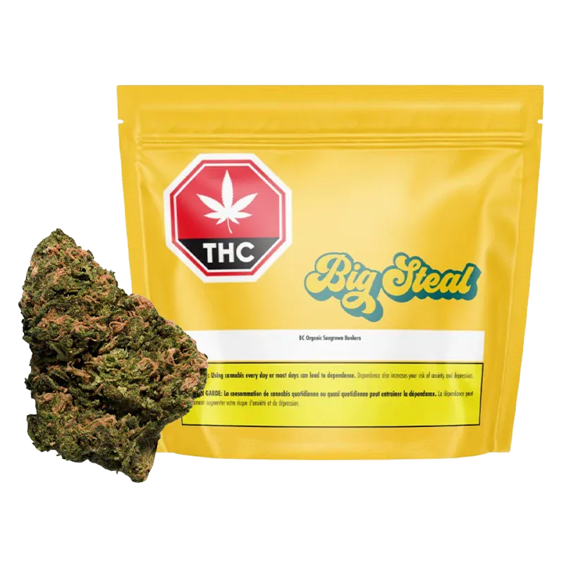 Front-facing shot of a yellow pouch and a single bud, labeled BC Organic Sun Grown Bonkers, against a white background