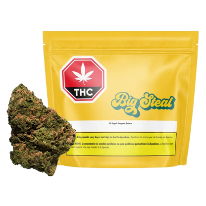 Front-facing shot of a yellow pouch and a single bud, labeled BC Organic Sun Grown Bonkers, against a white background
