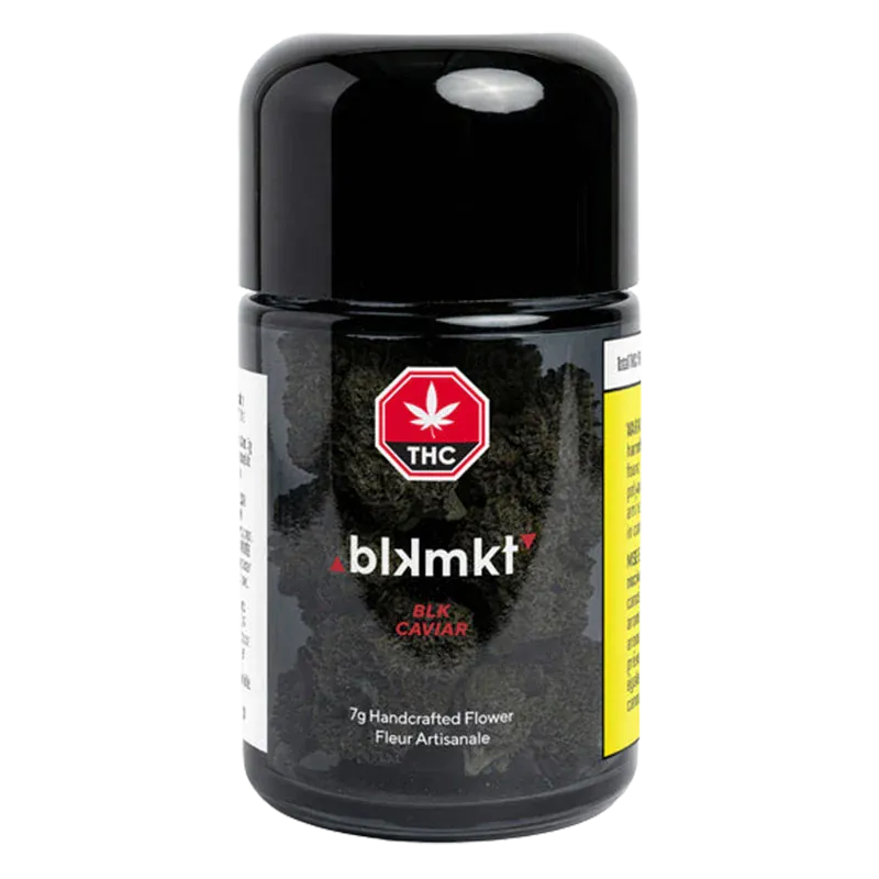 Front-facing shot of a cylindrical jar labeled "Blk Caviar" with a glossy black cap and a clear body showing dark, dense flower inside.