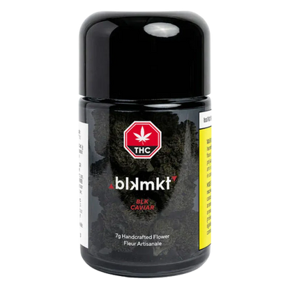 Front-facing shot of a cylindrical jar labeled "Blk Caviar" with a glossy black cap and a clear body showing dark, dense flower inside.