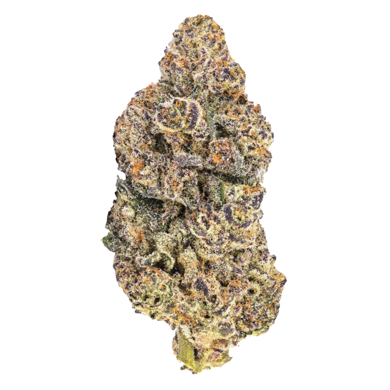 Single top-down view of a dense, frosty nug of Blk Caviar against a white background.