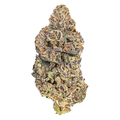 Single top-down view of a dense, frosty nug of Blk Caviar against a white background.