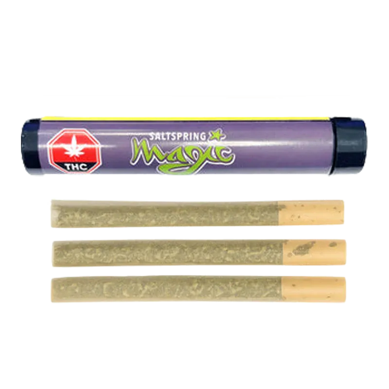 Horizontal top-down view of a purple Hella Jella PR 3 x 0.5 g tube with three pre-rolled joints aligned below.