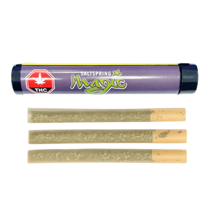 Horizontal top-down view of a purple Hella Jella PR 3 x 0.5 g tube with three pre-rolled joints aligned below.