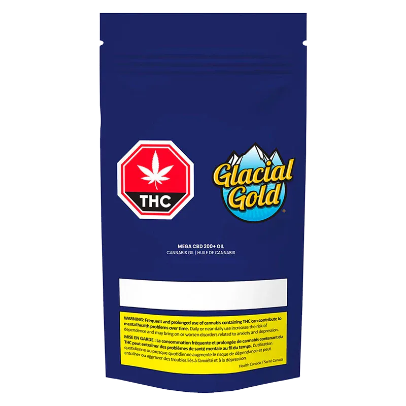 Front-facing pouch shot of Mega CBD 200+ Oil in deep blue packaging showing a red THC stop-sign logo and the Glacial Gold badge above a yellow warning panel.