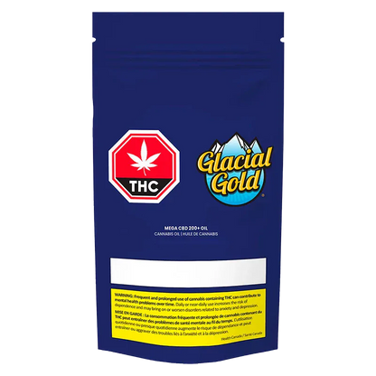 Front-facing pouch shot of Mega CBD 200+ Oil in deep blue packaging showing a red THC stop-sign logo and the Glacial Gold badge above a yellow warning panel.
