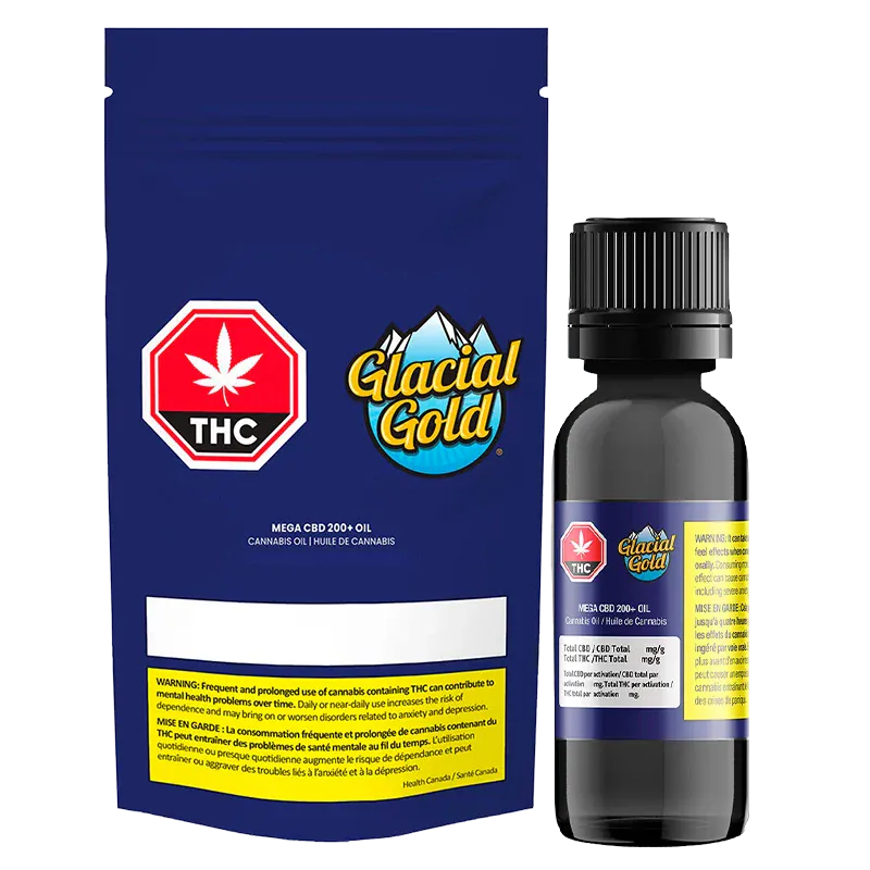 Front-facing shot of a blue pouch and black dropper bottle labeled Mega CBD 200+ Oil by Glacial Gold against a white background.