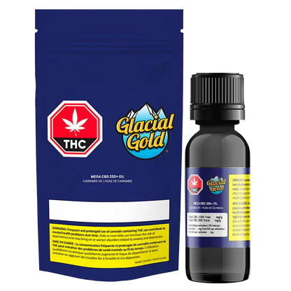 Front-facing shot of a blue pouch and black dropper bottle labeled Mega CBD 200+ Oil by Glacial Gold against a white background.