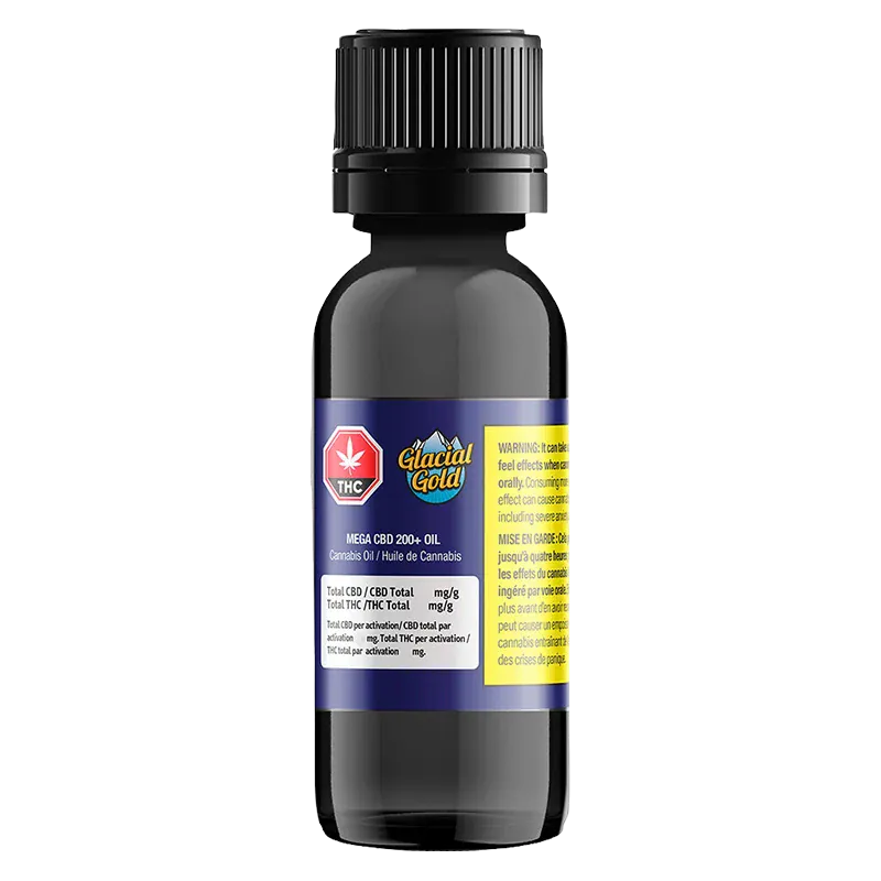 Bottle-front view of Mega CBD 200+ Oil showing a dark dropper bottle with a blue and yellow Glacial Gold label centered on a white background