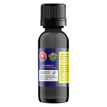 Bottle-front view of Mega CBD 200+ Oil showing a dark dropper bottle with a blue and yellow Glacial Gold label centered on a white background