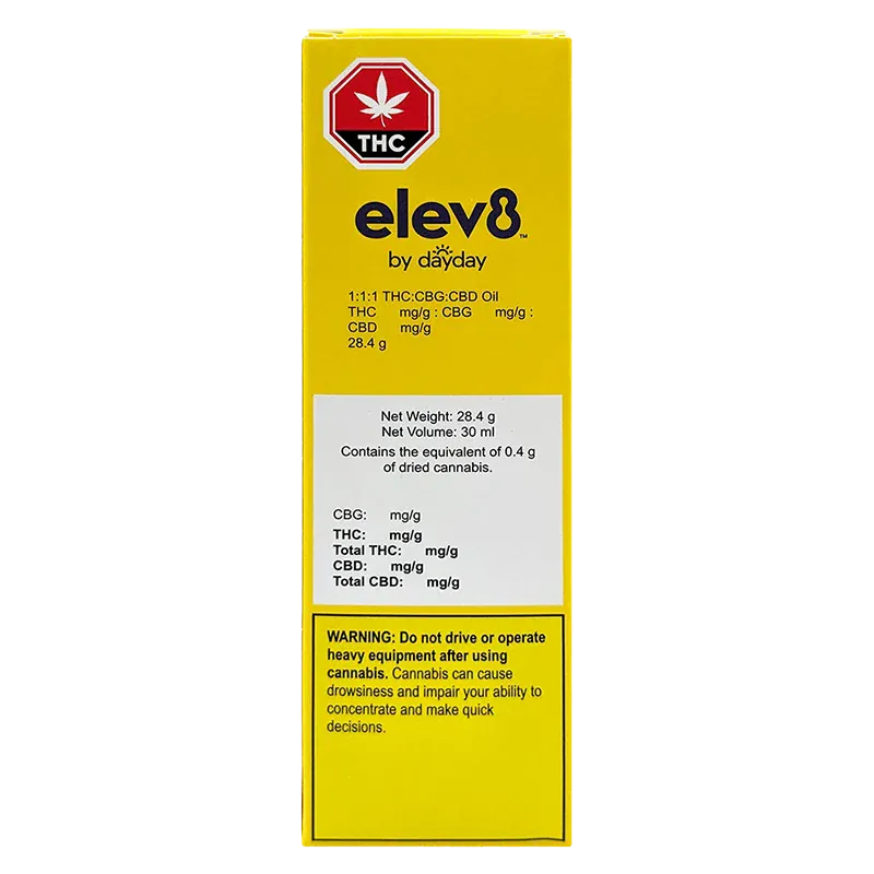 Front-facing shot of the yellow box for 1:1:1 THC:CBG:CBD Oil by elev8 showing the logo, THC symbol, and white nutrition and warning panels.