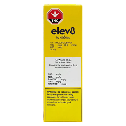 Front-facing shot of the yellow box for 1:1:1 THC:CBG:CBD Oil by elev8 showing the logo, THC symbol, and white nutrition and warning panels.