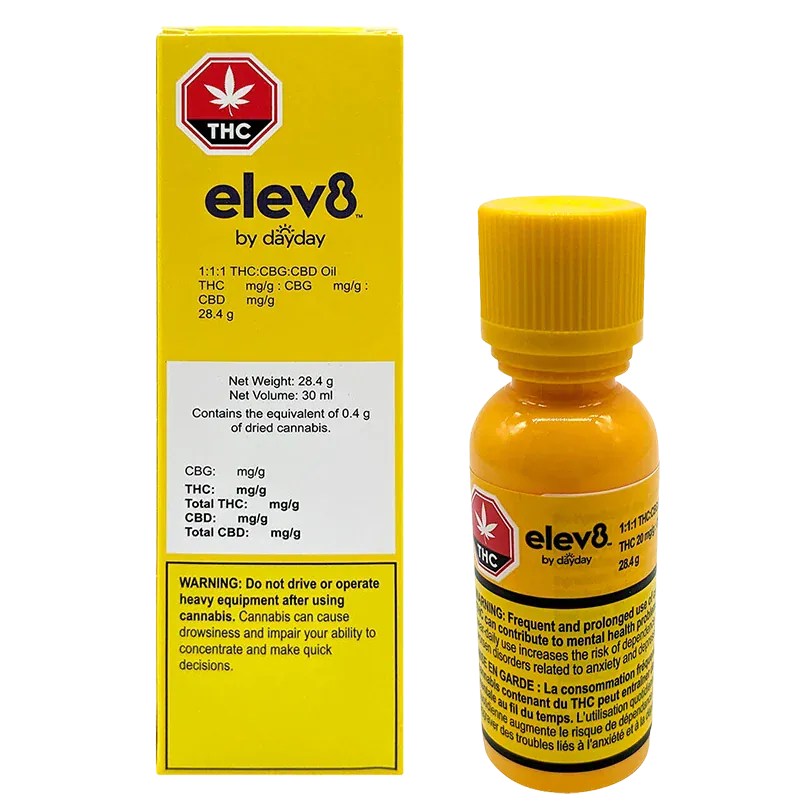 Studio-lit front view of the elev8 by dayday 1:1:1 THC:CBG:CBD Oil box and matching yellow dropper bottle on a white background.