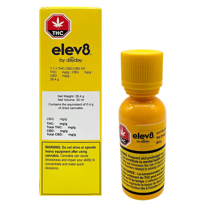 Studio-lit front view of the elev8 by dayday 1:1:1 THC:CBG:CBD Oil box and matching yellow dropper bottle on a white background.