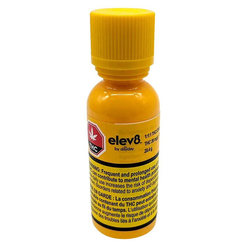 Straight-on view of a small yellow bottle labeled elev8 by dàyday 1:1:1 THC:CBG:CBD Oil with warning text and a childproof cap.