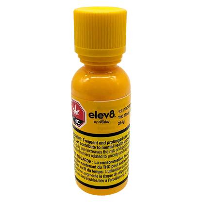 Straight-on view of a small yellow bottle labeled elev8 by dàyday 1:1:1 THC:CBG:CBD Oil with warning text and a childproof cap.
