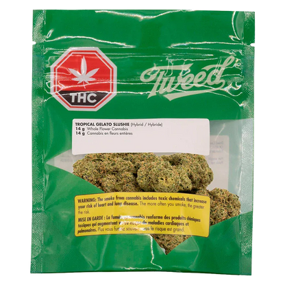 Front view of the green Tweed Tropical Gelato Slushie pouch with visible cannabis buds through a clear window and a red THC symbol.