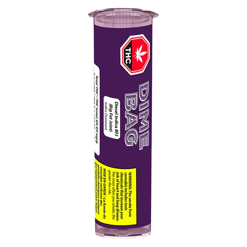 Tall vertical photo of a purple Dime Bag Diesel BFJ PR 1 x 1.5 g tube with a red THC symbol and yellow warning panel.